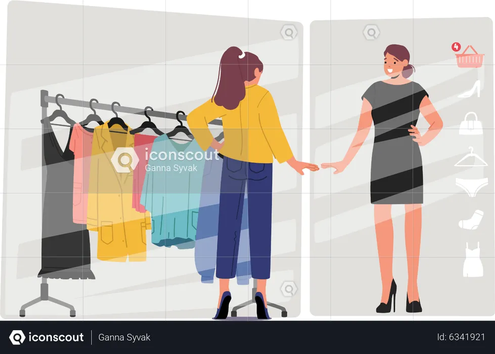 Girl trying on clothes using online app  Illustration