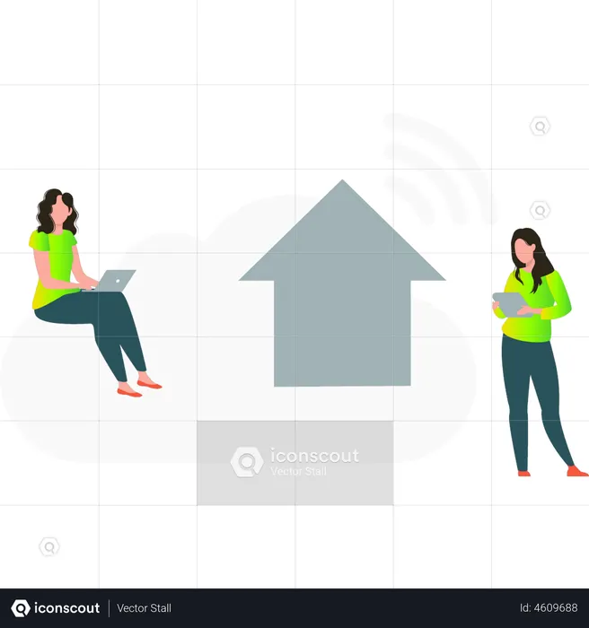 Girl uploading data on cloud  Illustration