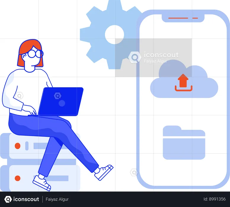 Girl uploading data on Cloud Storage  Illustration