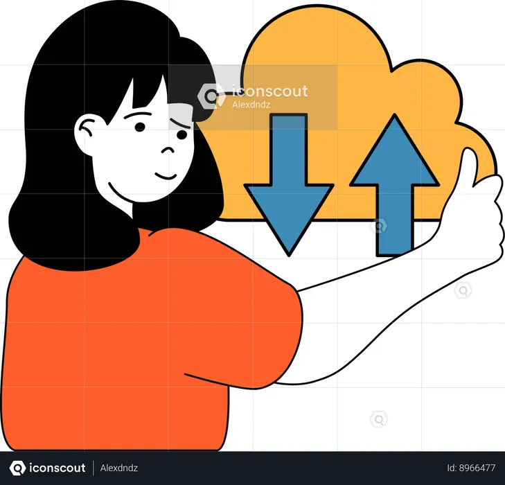 Girl uploads and downloads data from cloud  Illustration
