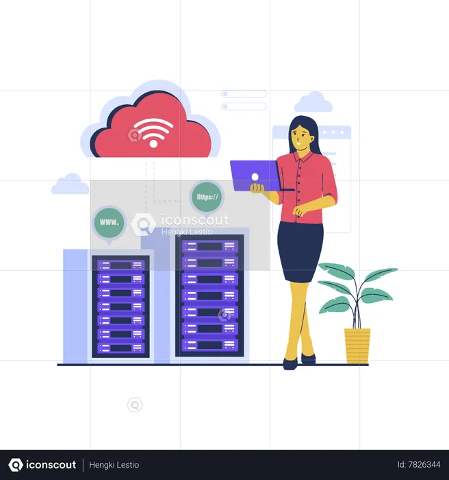 Girl use cloud hosting technology  Illustration