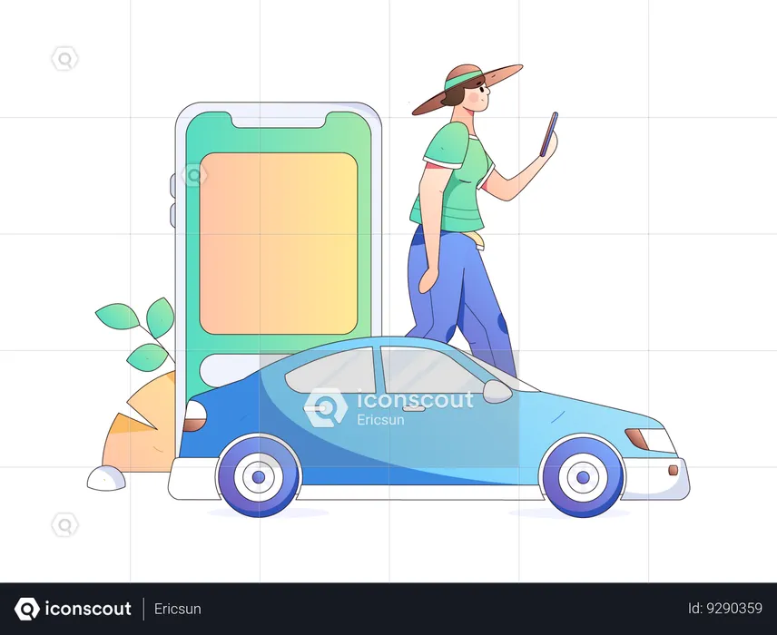 Girl using car service application find car  Illustration