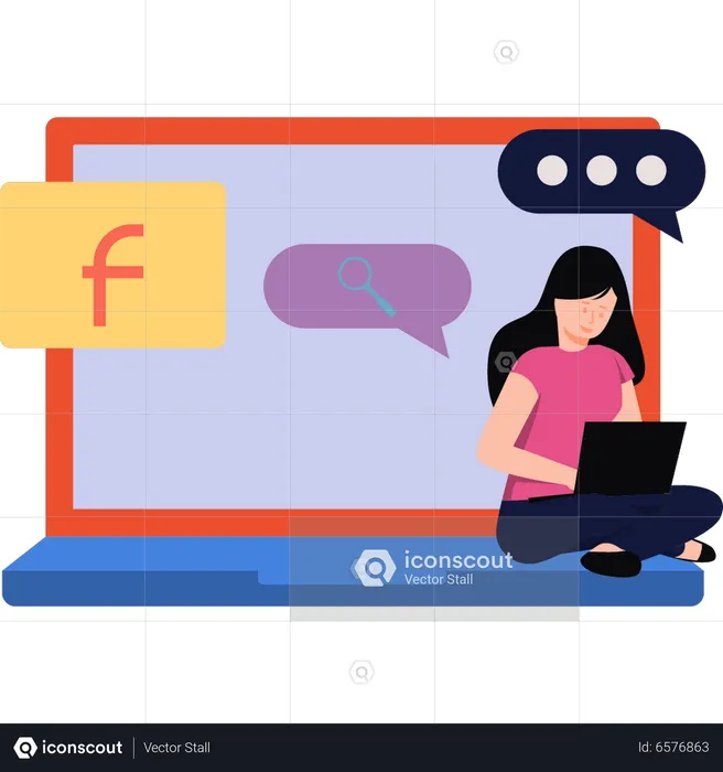 Girl using Facebook on laptop  Illustration