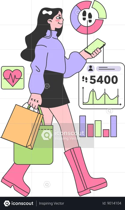 Girl using health app analysis health report while walking  Illustration