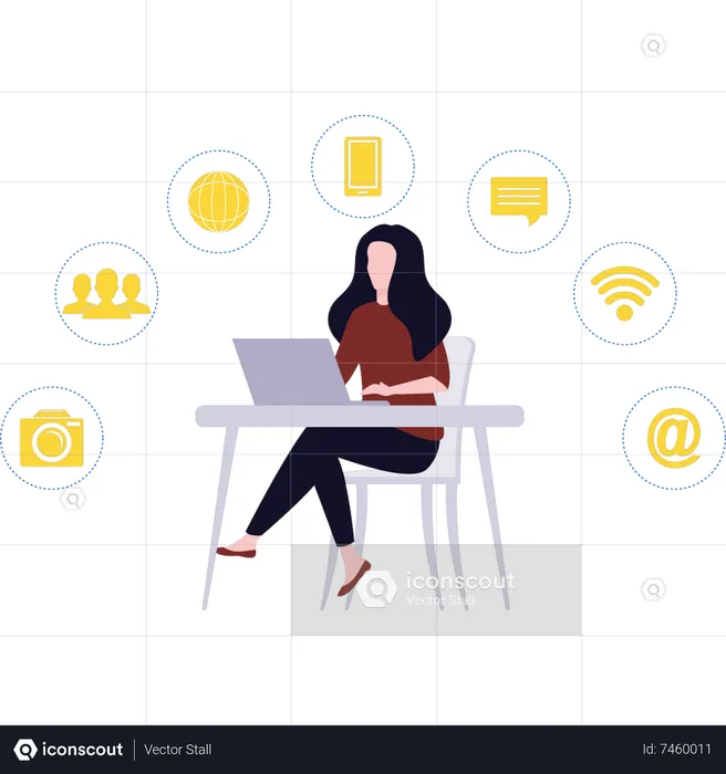 Girl using laptop on table  Illustration