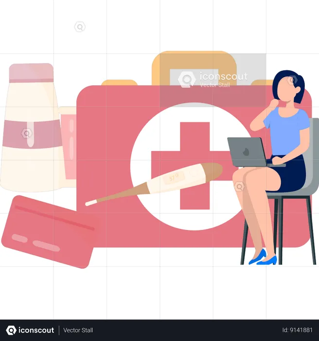 Girl Using Laptop To Learn About Medical Kit  Illustration