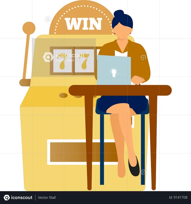 Girl using laptop to win gambling game  Illustration