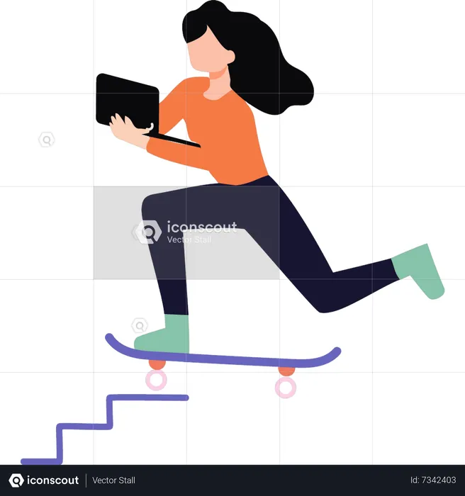 Girl using laptop while skating  Illustration