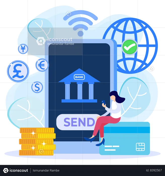 Girl using mobile banking facilities  Illustration