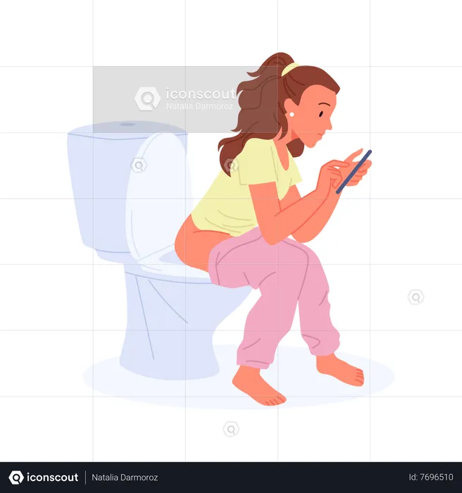 Girl using mobile in toilet  Illustration