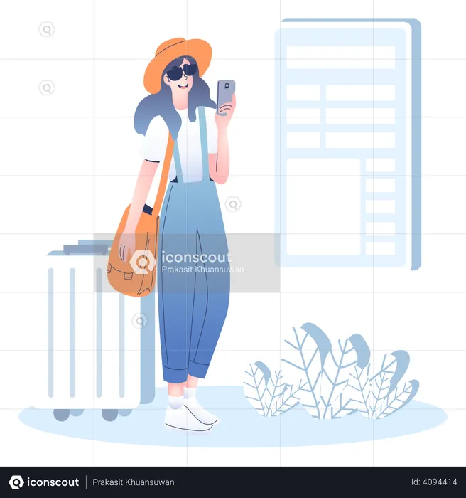 Girl using mobile on vacation  Illustration