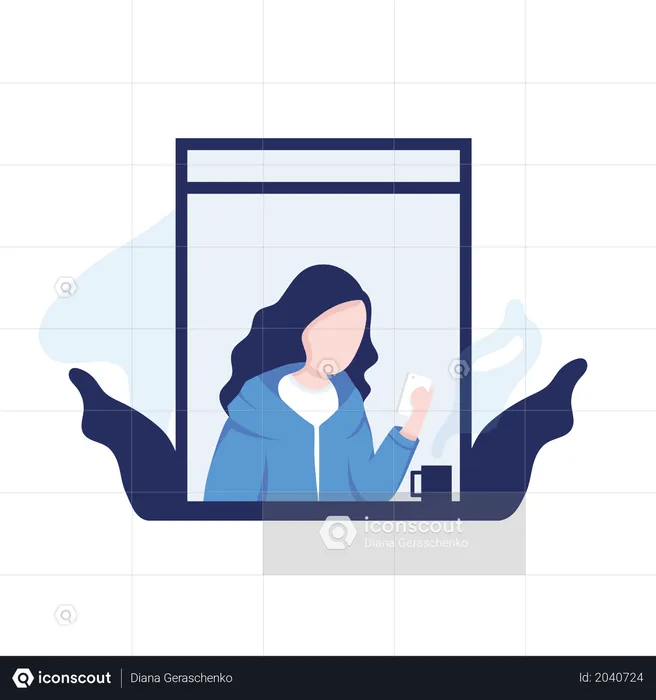 Girl using mobile phone and drinking coffee  Illustration