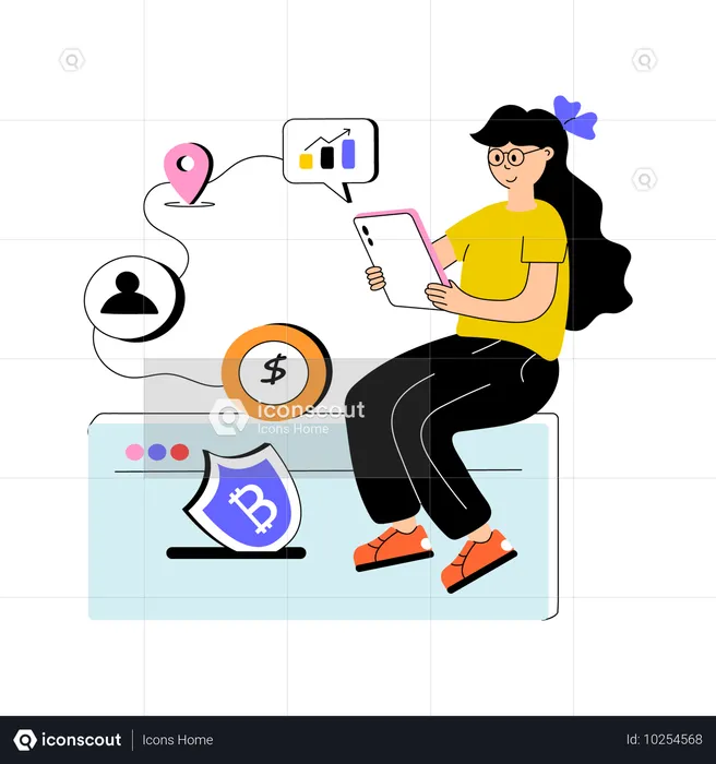 Girl using online secure crypto marketplace  Illustration