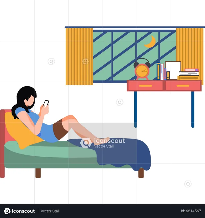 Girl using phone in bed  Illustration