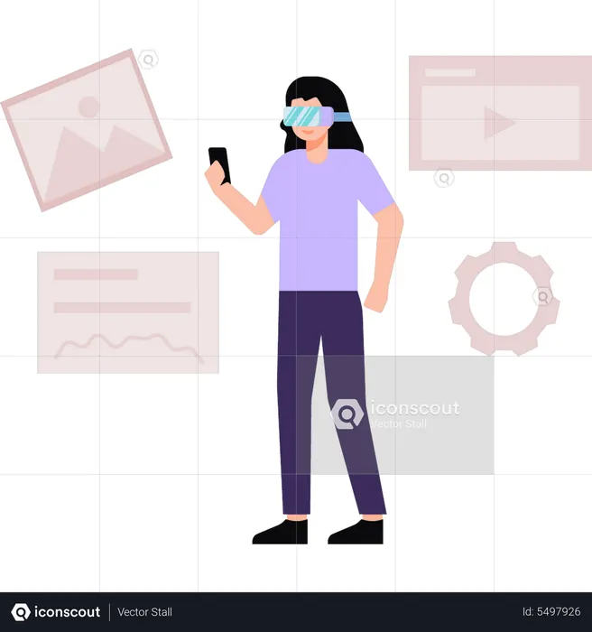 Girl using phone with VR glasses  Illustration