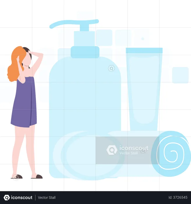 Girl using proper hair wash kit  Illustration