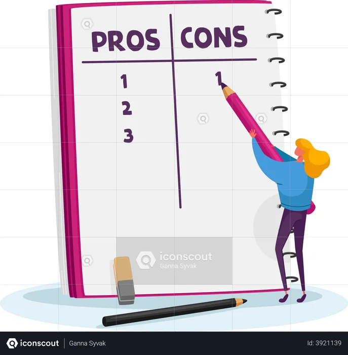Girl using Pros and Cons technique to make decision  Illustration
