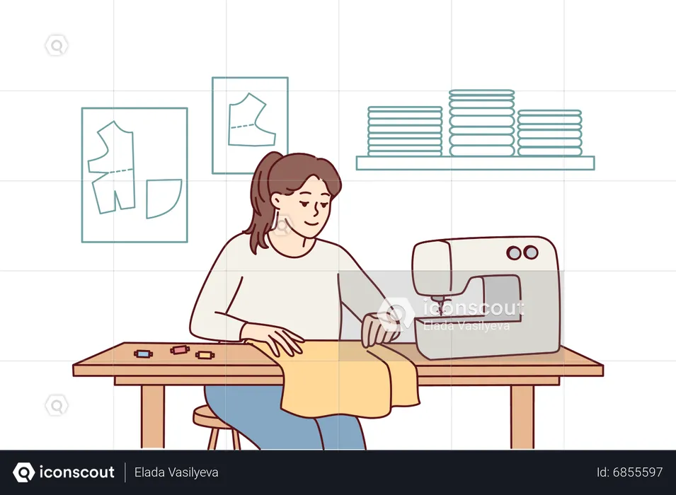 Girl using sewing machine  Illustration