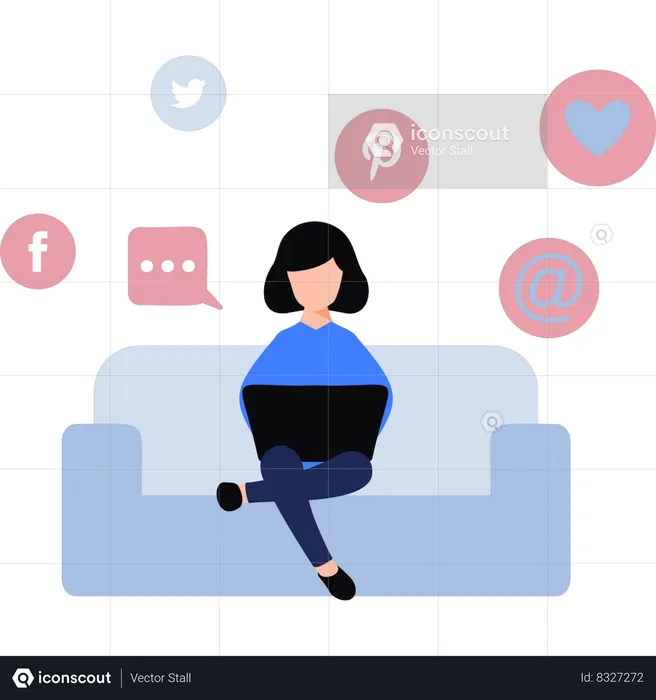 Girl using social network on laptop  Illustration
