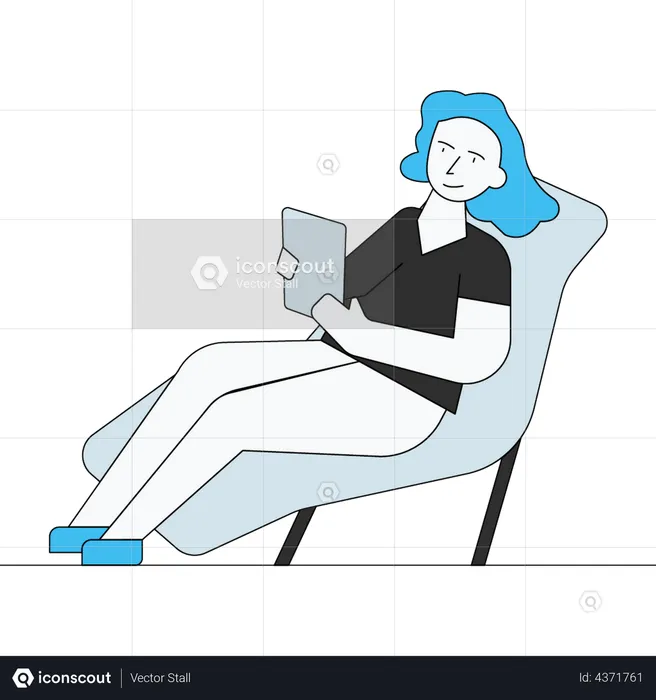 Girl using tablet while sitting on sofa  Illustration