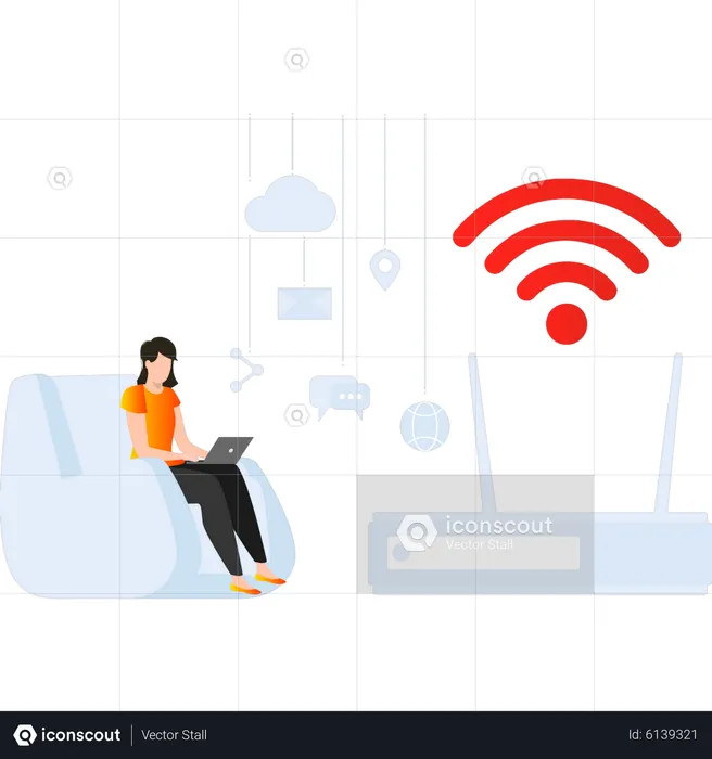 Girl using WIFI on laptop  Illustration