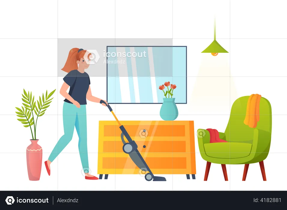 Girl vacuuming the floor at home  Illustration