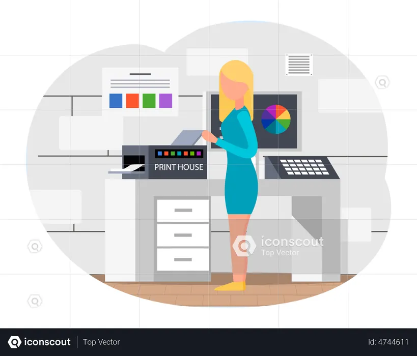 Girl waiting printer finish to print and standing near printing machine  Illustration
