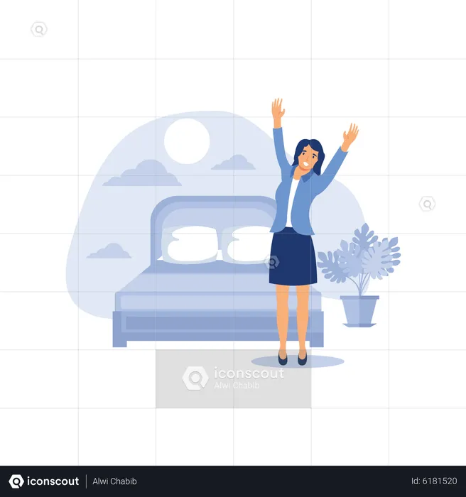 Girl waking up stretching sitting on his bed sun day  Illustration