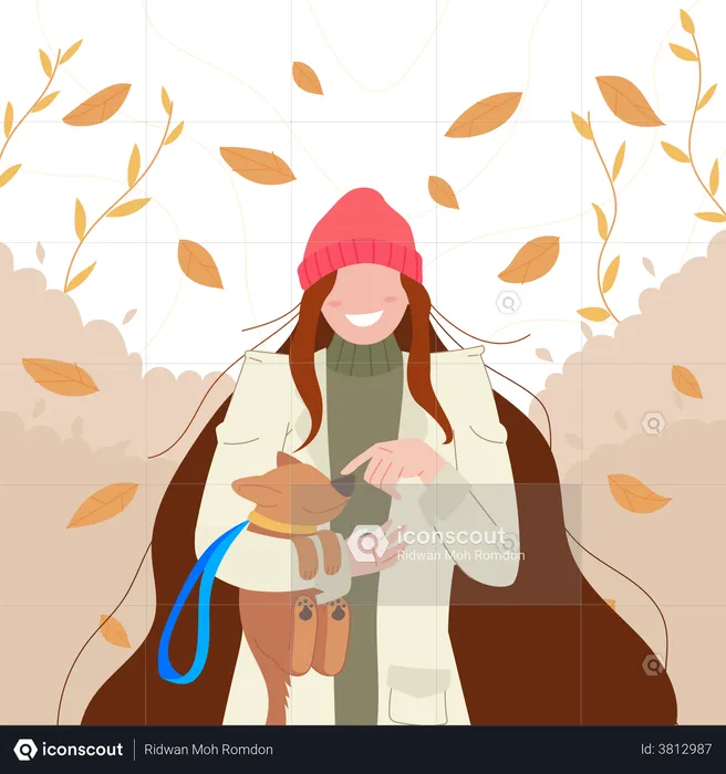 Girl walk in autumn with dog  Illustration