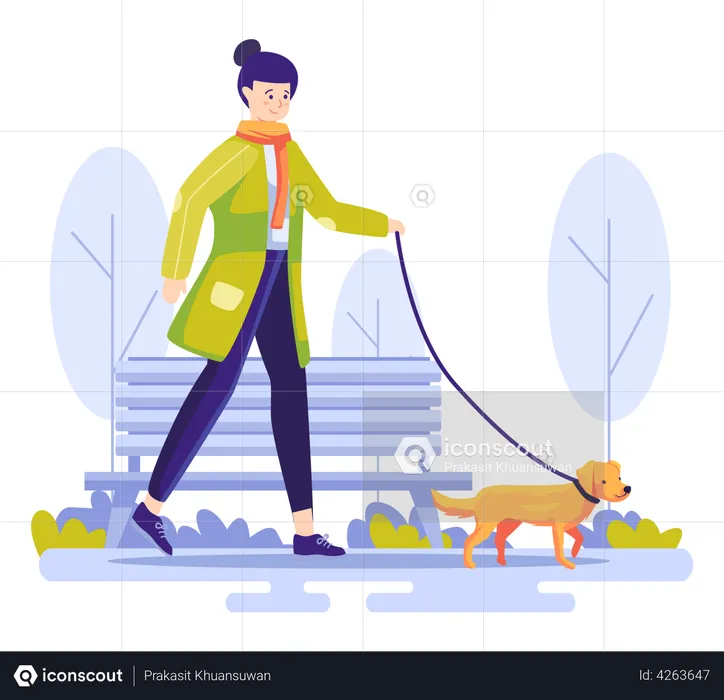Girl walking dog in park  Illustration