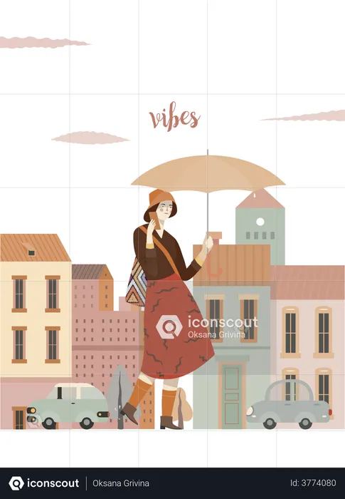 Girl walking in rainy day  Illustration
