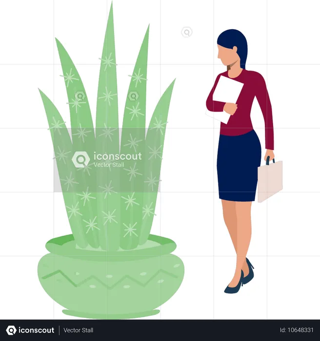 Girl walking near cactus succulent plant  Illustration