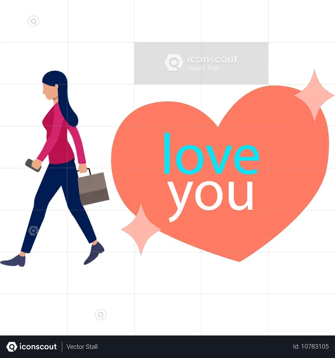 Girl walking near love heart  Illustration