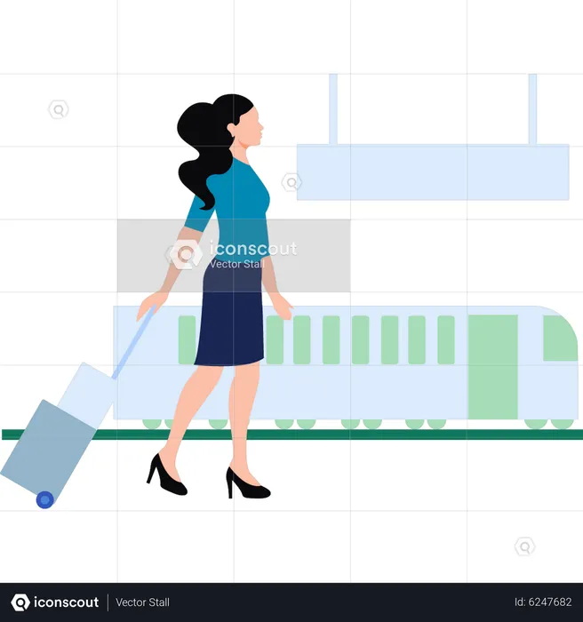 Girl walking on railway station with suitcase  Illustration