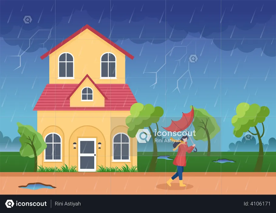 Girl walking out in thunderstorm  Illustration