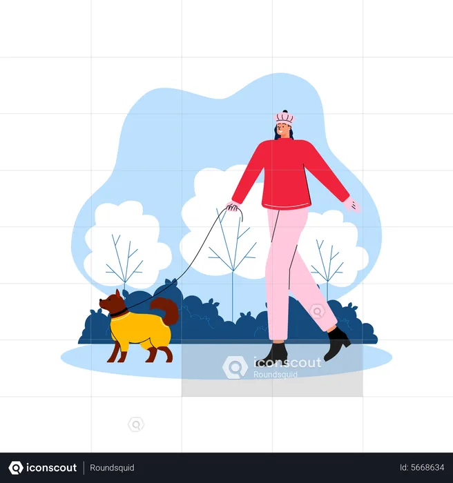 Girl walking outside with puppy in winter  Illustration