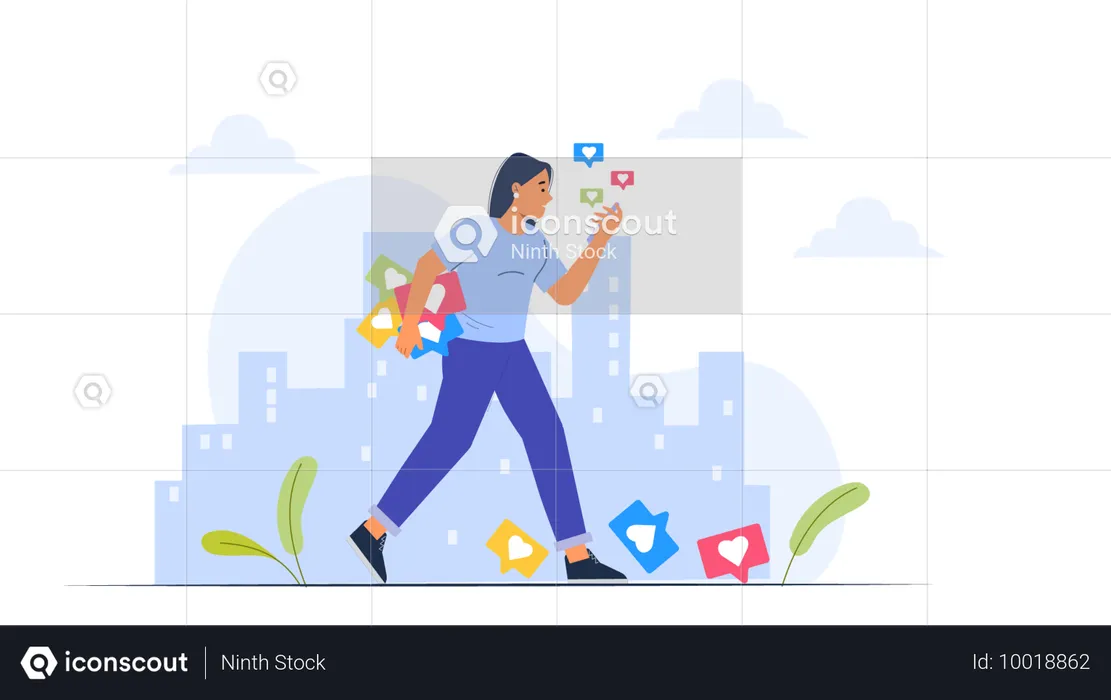 Girl walking while checking social media like  Illustration