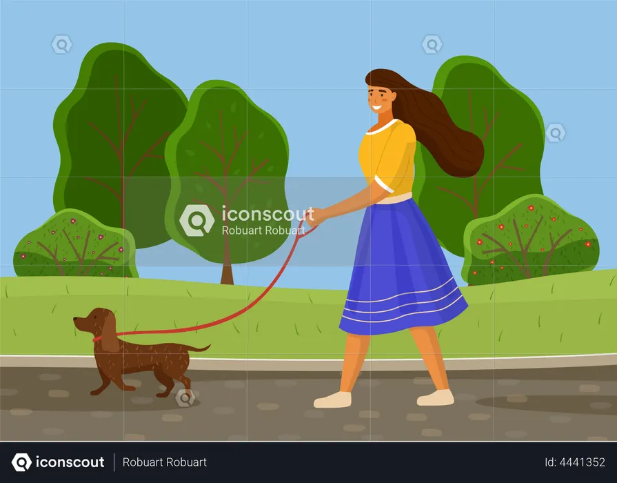Girl Walking with dog  Illustration