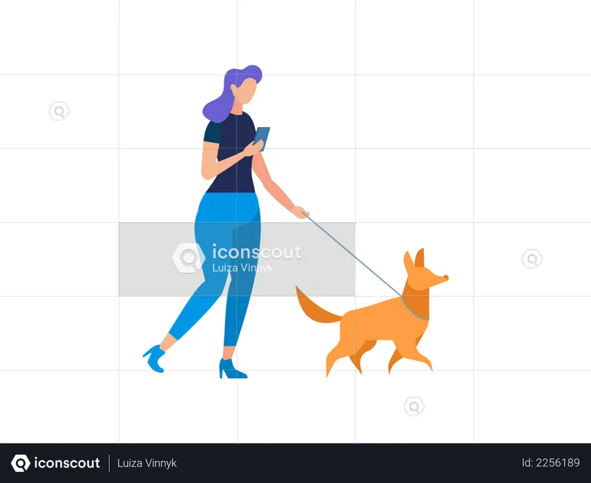 Girl Walking with Dog  Illustration