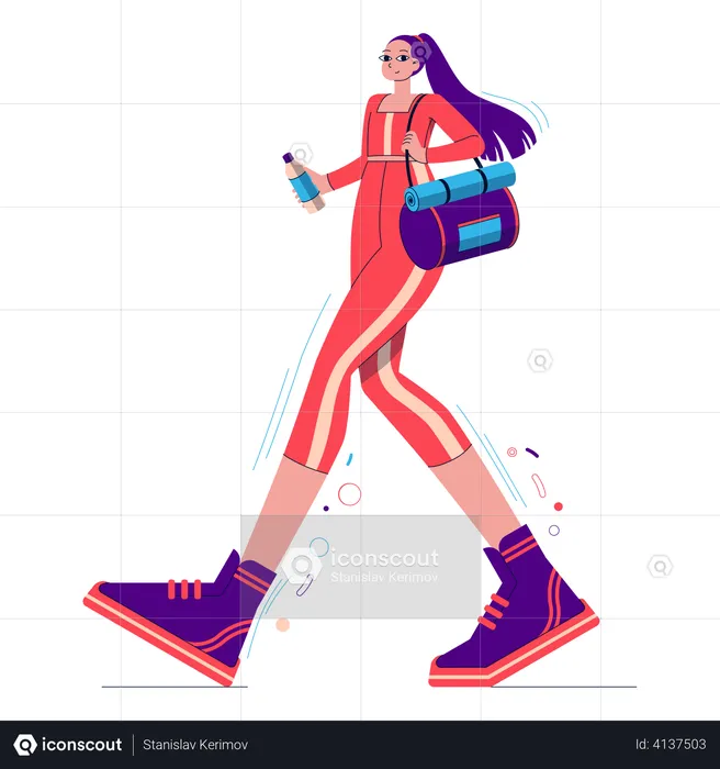 Girl walking with gym bag and water bottle  Illustration