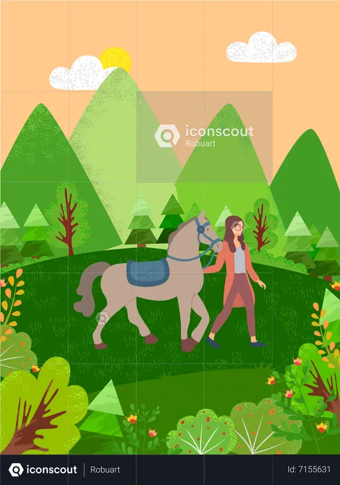 Girl Walking With Horse  Illustration