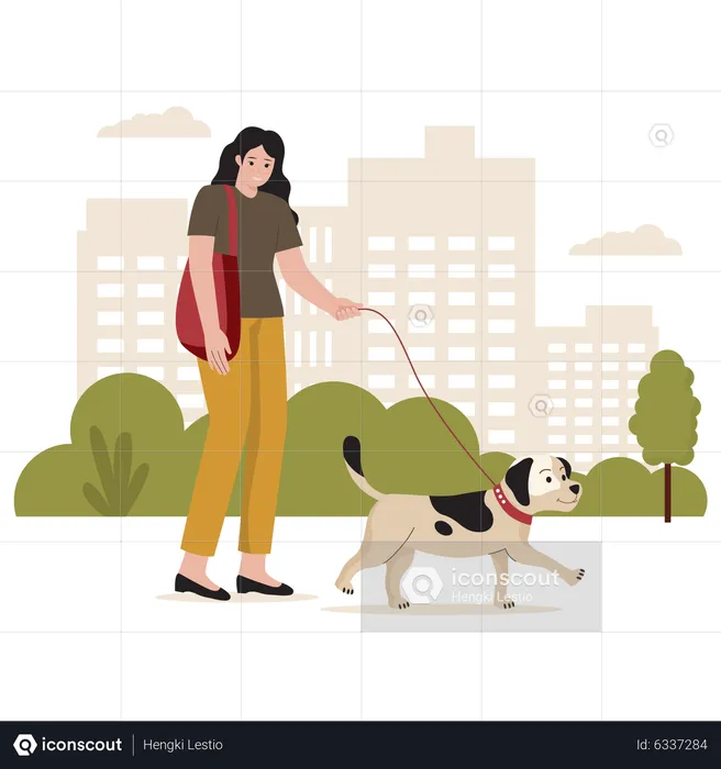 Girl walking with pet dog  Illustration