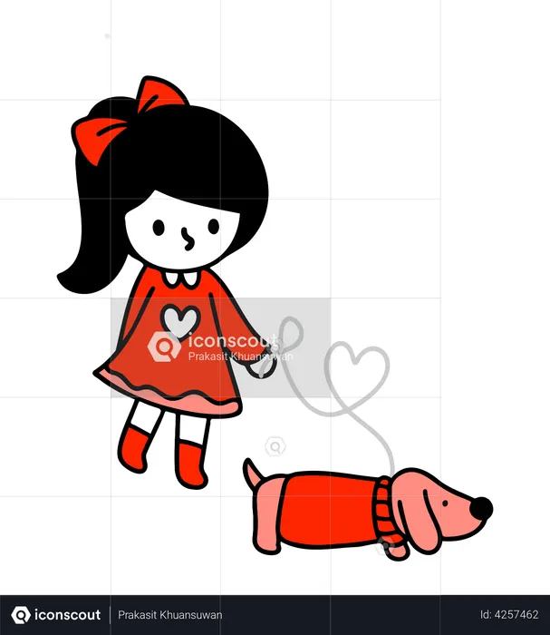 Girl walking with pet dog  Illustration