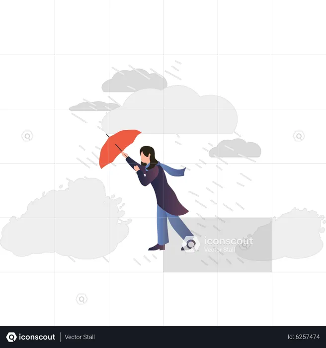 Girl walking with umbrella in heavy rain  Illustration