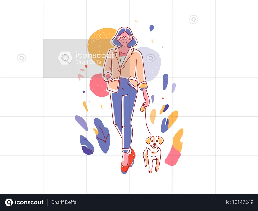 Girl walks in garden with pet dog  Illustration