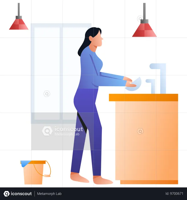 Girl Washing Dishes  Illustration