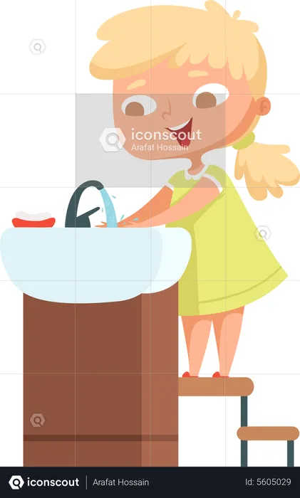 Girl washing hands at sink  Illustration