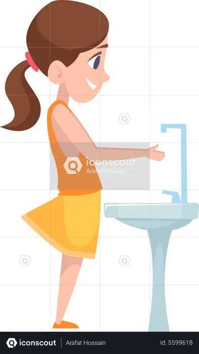 Girl washing hands near sink  Illustration