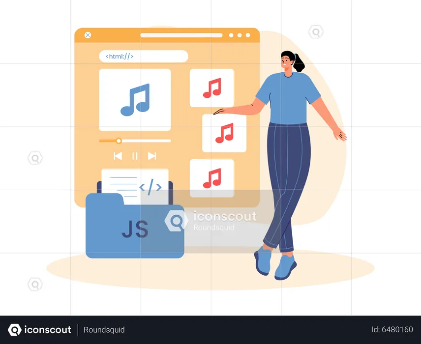 Girl watching audio content on website  Illustration