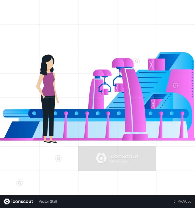 Girl watching conveyor production  Illustration